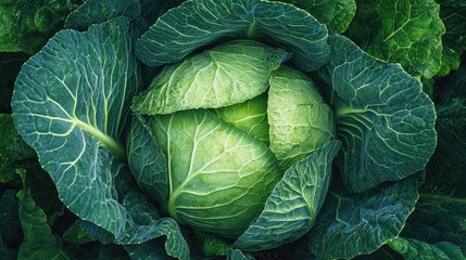 Obraz premium Lush green cabbage head nestled in a garden, its leaves rich in texture and color.