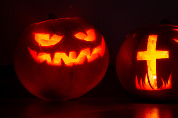 halloween pumpkin lantern Halloween composition of a burning pumpkin with a bat. High quality photo