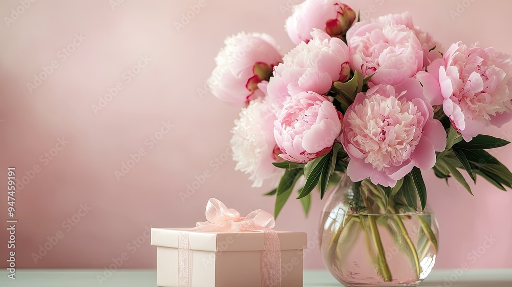 Wall mural Soft pink peonies in a vase, with a gift box on a table, against a gentle background.