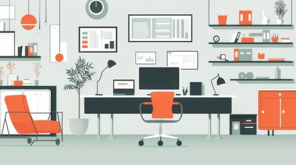 Modern Minimalist Workspace: A clean and organized home office interior with pops of color, ideal for productivity and focus. 