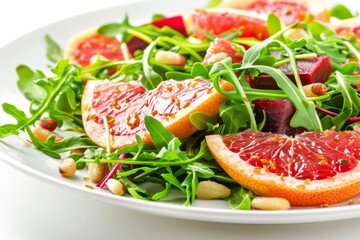 Grapefruit, Pine Nuts, Salad with Arugula Garnish, Beets. Fruits, Nuts and Vegetables Salat Isolated