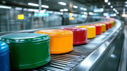 Close-up of a modern baggage claim conveyor belt, sleek and metallic, with colorful suitcases smoothly moving along the track in a minimalist airport setting
