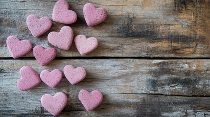 Top view of pink hearts placed on a rustic wooden table, with room for a personal message.