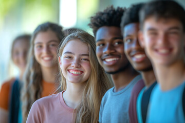 Fototapeta premium A group of smiling young students standing in line