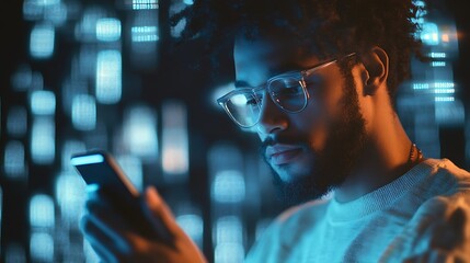 Young Man with Glasses Looking at Smartphone in Blue Neon Light