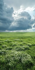 Obraz premium Stunning landscape with green field and dramatic cloudy sky, capturing the beauty of nature and the contrast between land and sky.