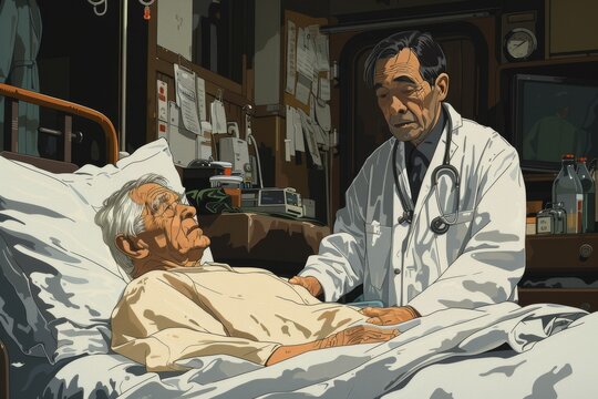 An elderly man lying in bad at hospis near standing a doctor