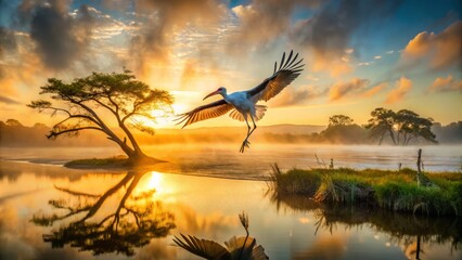 Fototapeta premium Ethereal wood stork soars above misty marshes, against a soft focus sunrise, wispy clouds feathered with golden light, reflecting gentle ripples on the lake's surface.