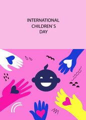 Happy International childrens day. Holiday greeting card with cute child face and human hands with hearts. Vector  abstract  hand drawn flat illustration for social media