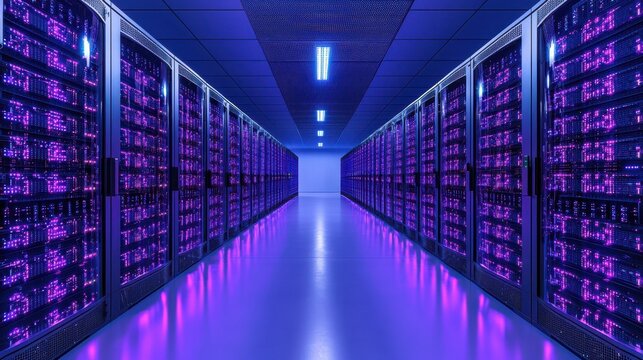 Server Room with Rows of Servers and Blue and Purple Lights