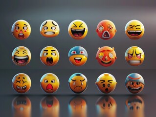 A detailed set of 3D emojis with faces showing a range of emotions from happiness to anger, displayed on a sleek, dark gradient background.