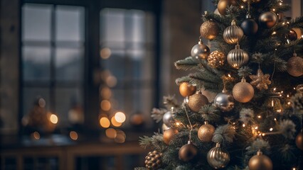 Fototapeta premium Decorated Christmas Tree on Blurred Background. Perfect for: Christmas, Home decor