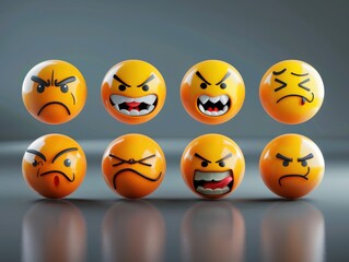 Fototapeta premium A detailed set of 3D emojis with faces showing a range of emotions from happiness to anger, displayed on a sleek, dark gradient background.