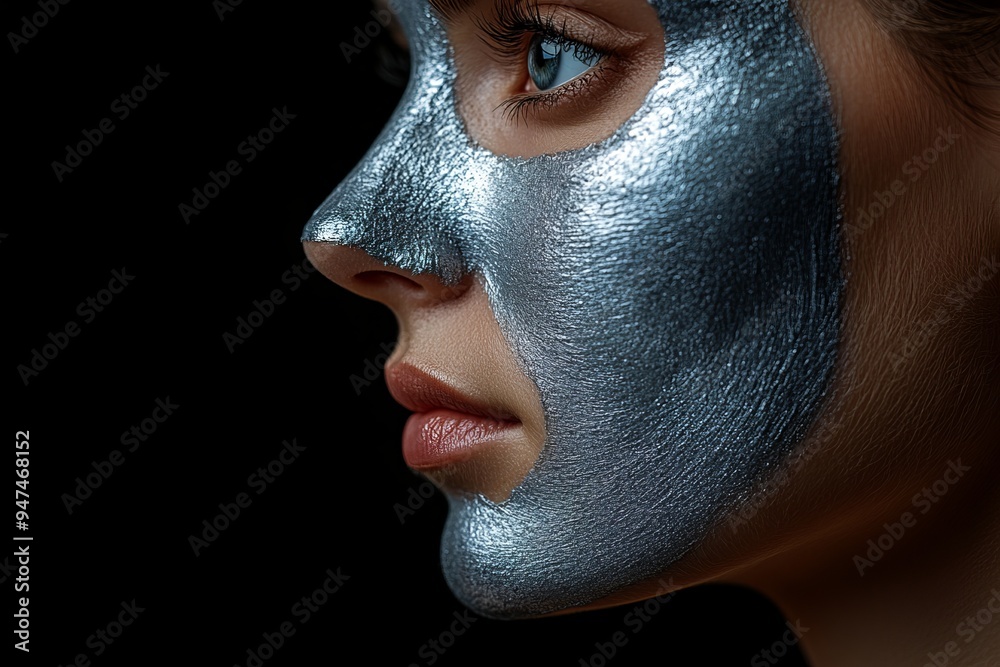 Wall mural A young girl sits on a chair in a beauty salon with a silver anti-aging mask on her face. Happy woman with moisturizing silver clay mask on her face. Advertising of a beauty salon and care services.