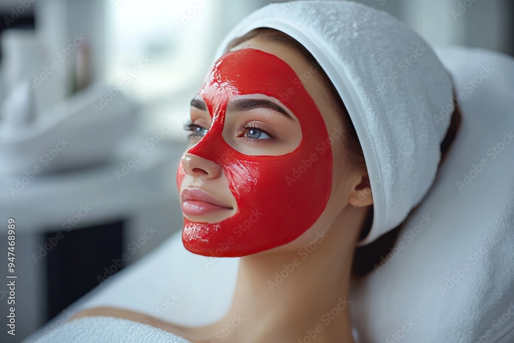 Wall mural a young girl sits on a chair in a beauty salon with a red anti-aging mask on her face. happy woman w