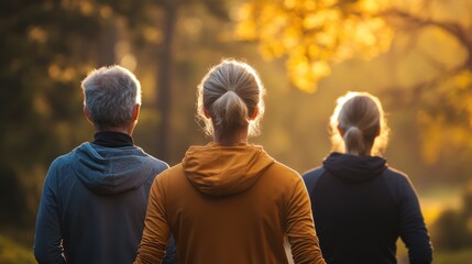 Three people are standing in a forest, with one of them wearing a blue hoodie