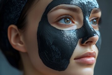 A young girl sits on a chair in a beauty salon with a black anti-aging mask on her face. Happy woman with moisturizing black clay mask on her face. Advertising of a beauty salon and care services.