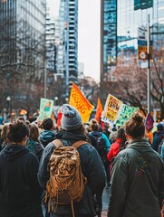 A vibrant assembly of advocates unites in a public space, fervently displaying signs to champion the cause of ecological fairness.