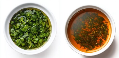 Two photos of "chimichurri" sauce, one in a white bowl with a green herb mix and the other filled to the edge with a bright, vibrant liquid on an isolated background. 