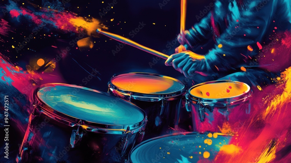 Wall mural a person is playing drums in a colorful background