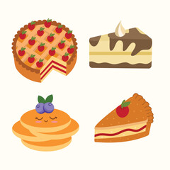 Sweet desserts collection in flat style. Cherry pie, White chocolate cheese cake, pancake. Suitable for flat design graphic illustration, clip art, stickers, etc