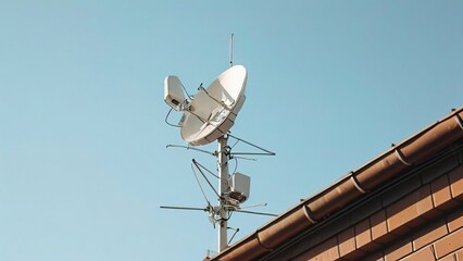 A white satellite dish mounted on a metal pole against a bright blue sky, on a brick building.