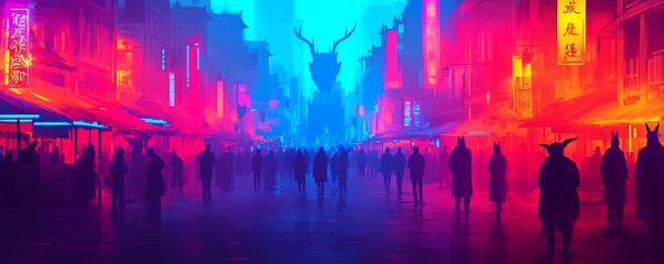 Obraz premium Silhouettes of people walk through a neon-lit city street with a mysterious figure in the background.