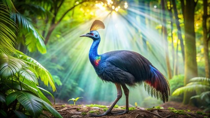 Fototapeta premium Luminous blues and greens dance across the cassowary's plumage as it moves through the rainforest, where sunlight filters through the canopy, imbuing the scene with an air of mystique.