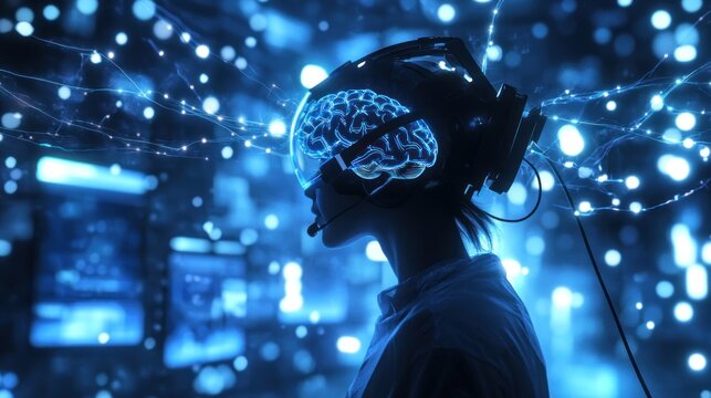 A woman wearing a virtual reality headset is looking at a computer screen