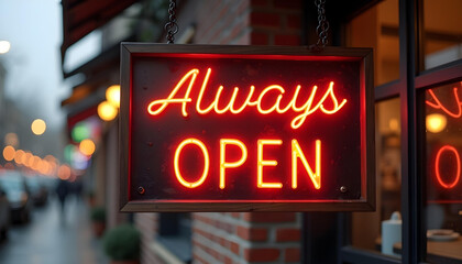 Red Neon Sign Hanging in a Window, Reading "Always Open"