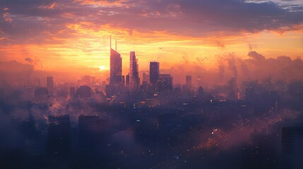 Fototapeta premium Cityscape at Sunset with Fog and Skyscrapers