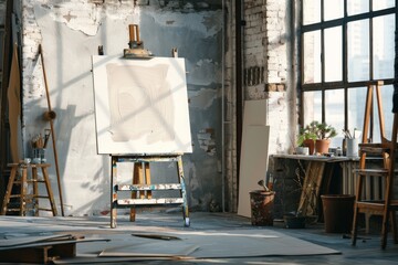 Empty Painting studio, art studio at loft apartment, cozy workplace mockup, clear canvas on easel