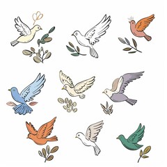 Peace dove icon, pigeons, dove twigs doodle sketched collection. Flying birds silhouettes on white