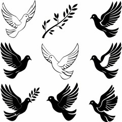 Obraz premium Peace dove graffiti, pigeons, twigs ink illustration. Flying birds silhouettes monochrome flat icons