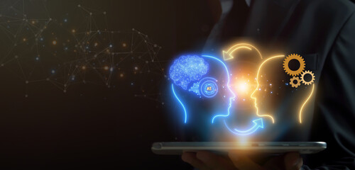Man shows AI brain provide access information, digital chat bot concept. Artificial intelligence, machine learning concept, big data, cloud computing, computer network and innovation technology