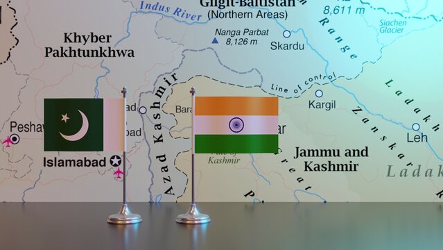 India and Pakistan flags with Kashmir map