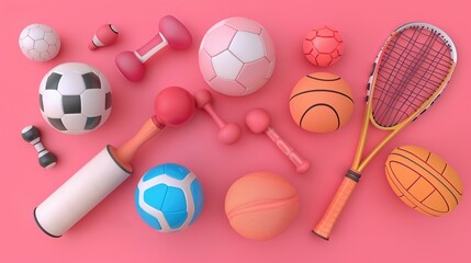 Pink Background Featuring a Variety of Sports Equipment