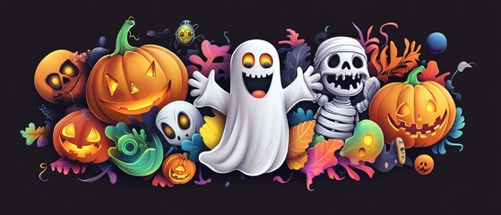 Playful Halloween scene featuring cheerful ghosts, pumpkins, and skeletons, perfect for festive designs and decorations.