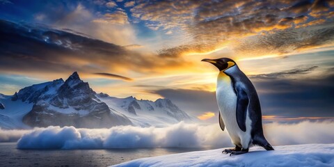 Fototapeta premium Penguin stands tall on ice, feathers ruffled by Antarctic wind, as twilight descends, mist-shrouded mountains loom, indigo and gold in a gradient blue sky, high-contrast black and white.