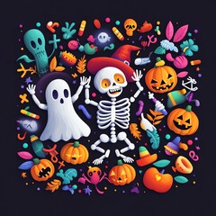 Obraz premium A playful Halloween illustration featuring ghosts, skeletons, pumpkins, and colorful decorations, perfect for festive designs.