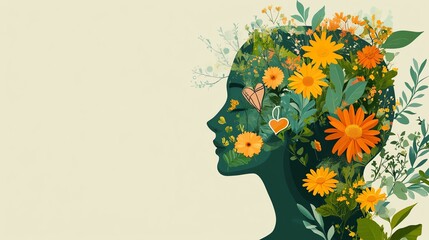 Silhouette of a woman's head with flowers and leaves growing inside.