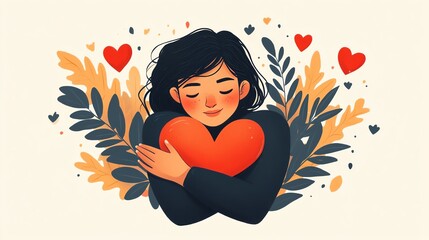 Woman embracing a red heart surrounded by leaves and hearts, symbolizing self-love and care.