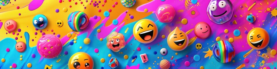 A collection of emoji faces on an abstract background with vibrant splashes of color and playful patterns.