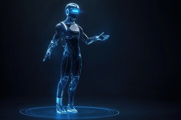 Futuristic robot with blue neon glow presenting.
