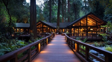 Wooden Bridge Leading to Illuminated Cabin in the Forest