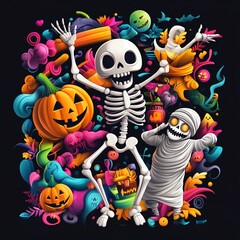 Fototapeta premium Colorful Halloween scene featuring dancing skeletons, pumpkins, and spooky characters, perfect for festive decor and celebrations.