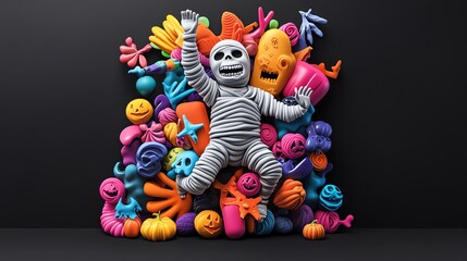 Fototapeta premium A playful scene featuring a colorful skeleton surrounded by vibrant Halloween decorations and quirky shapes.