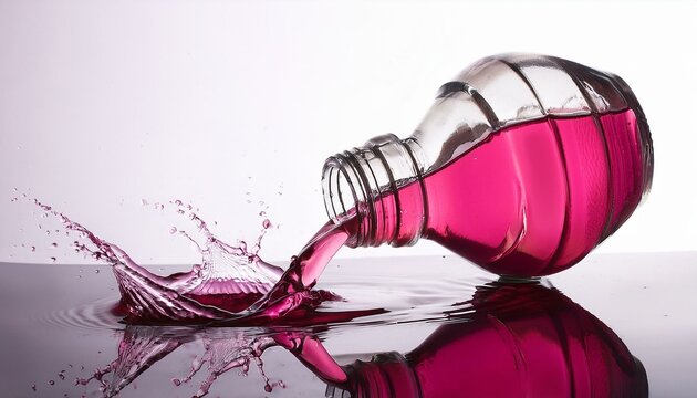 Ein Glasbeh&auml;lter mit pinker transparenter Fl&uuml;ssigkeit kippt um und die Fl&uuml;ssigkeit l&auml;uft aus, bunte Farbspritzer bildend.