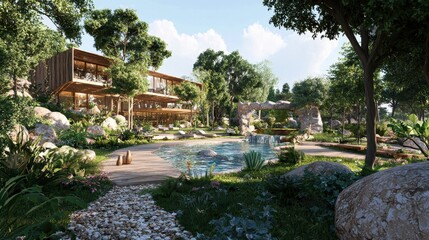 Fototapeta premium Modern Luxury Villa with Infinity Pool and Waterfall in Tropical Forest