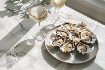 Fresh oysters served on a marble table with white wine glasses during a sunny afternoon